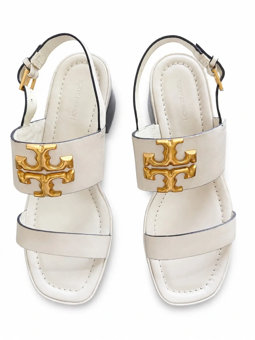 Tory Burch Eleanor Cream Leather Block-Heel Sandals Size 10.5